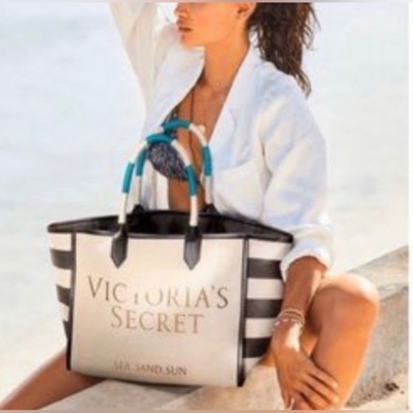VICTORIA SECERT STRIPED “SEA, SAND, SUN” TOTE BAG - WHITE/BLACK (NEW WITH TAGS) - Picture 4 of 4